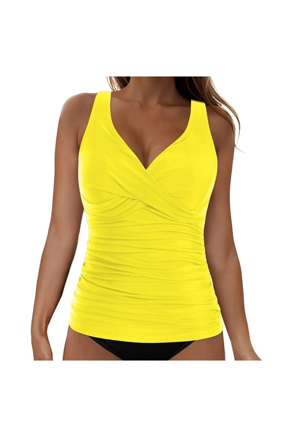 Women's Underwire Tankini Top Tummy Control Bathing Suits Sexy V Neck Crossover Swim Top Only (Yellow, L)