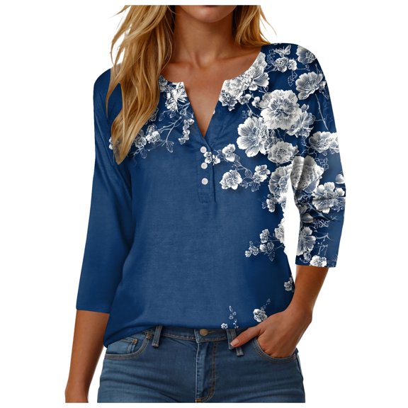 GEWSEY Women's V Neck 3/4 Sleeve T Shirts Summer Top Dressy Casual Basic Tees Shirt Tunic Blouses (Navy, XL)