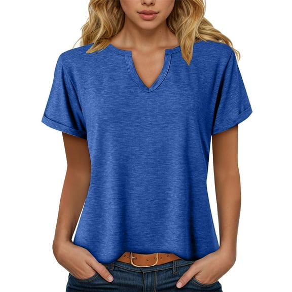 GEWSEY Women's V Neck T-Shirts 2025 Trendy Summer Short Sleeve Casual Tees Slim Fit Basic Tops for Work (Blue, XXL)