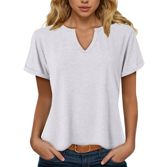GEWSEY Women's V Neck T-Shirts 2025 Trendy Summer Short Sleeve Casual Tees Slim Fit Basic Tops for Work (White, XXL)