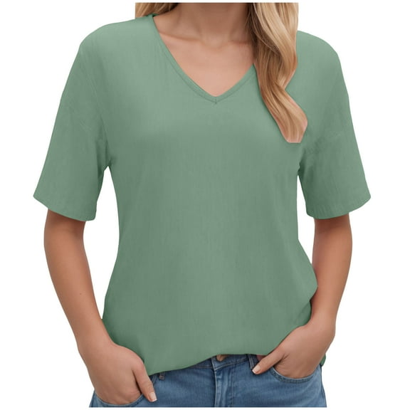 GEWSEY Women's V Neck T Shirts Casual Short Sleeve Tops Basic 2025 Fashion Summer Solid Color Tees (Light Green, L)
