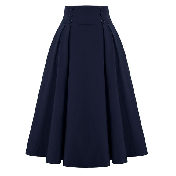 GEWSEY Women's Vintage High Waist Pleated Midi A-Line Skirt with Pockets (Blue, S)