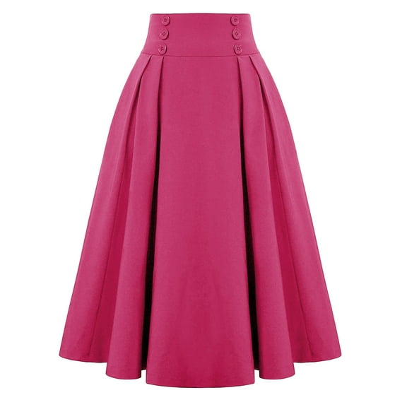 GEWSEY Women's Vintage High Waist Pleated Midi A-Line Skirt with Pockets (Hot Pink, XL)