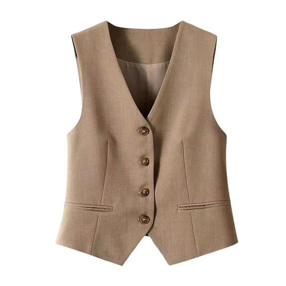 GEWSEY Women's Waistcoat Vest Button Down Sleeveless V-Neck Slim Fit Paired Fully Lined Business Casual Waistcoat with Pockets (Brown, XL)