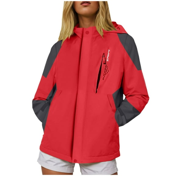GEWSEY Women's Waterproof Jacket, Couple Warm Lightweight Softshell Rain Jacket, Insulated Hood Running Hiking Mountain Windbreaker (Red, 4XL)