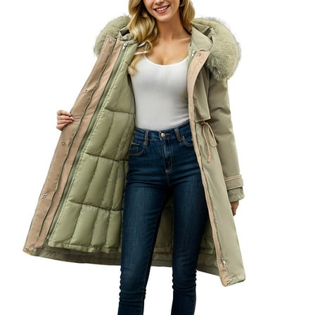 GEWSEY Women's Winter Thicken Puffer Coat Warm Jacket with Fur Removable Hood (Green, L)