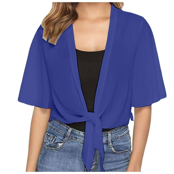 GEWSEY Women's Y2K Tie Front Shrugs Sheer Bolero Cropped Cardigan Short Sleeve Lightweight Tops (Blue, XL)