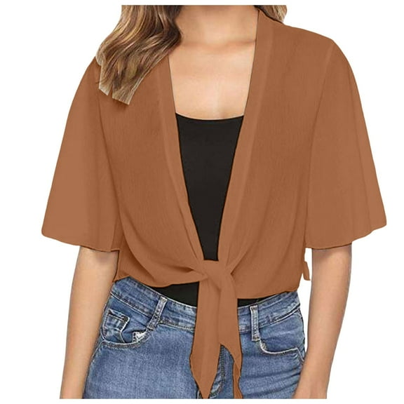 GEWSEY Women's Y2K Tie Front Shrugs Sheer Bolero Cropped Cardigan Short Sleeve Lightweight Tops (Coffee, XXL)