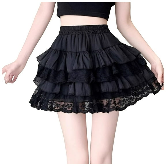 GEWSEY Women's Y2k Lace Ruffle Hem Mini Skirt Layered High Waisted A Line Skirt (Black, L)