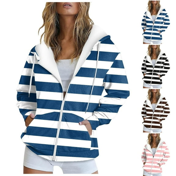 GEWSEY Women's Zip Up Hoodie Striped Long Sleeve Sweatshirt for Women Oversized 90S Y2K Drawstring Streetwear Grunge Jacket (Pink, M)