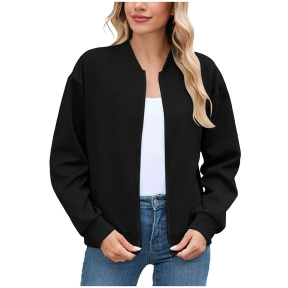 GEWSEY Women's Zip Up Textured Lightweight Bomber Jacket Casual Long Sleeve Outerwear (Black, XXL)