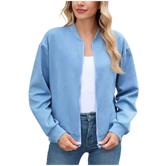 GEWSEY Women's Zip Up Textured Lightweight Bomber Jacket Casual Long Sleeve Outerwear (Blue, M)