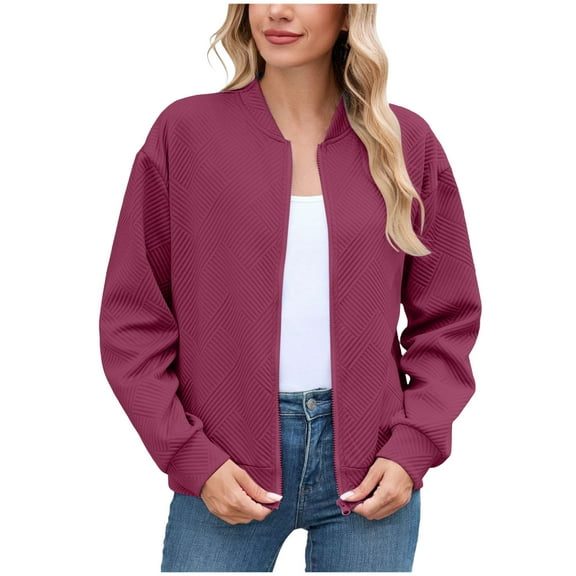 GEWSEY Women's Zip Up Textured Lightweight Bomber Jacket Casual Long Sleeve Outerwear (Wine, L)