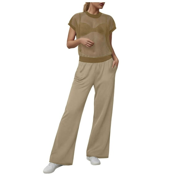GEWSEY Womens 2 Piece Outfits Crochet Knit Travel Matching Sets Half Zip Sweater Tops Wide Leg Pants Fall Lounge Clothes (Khaki, XXL)