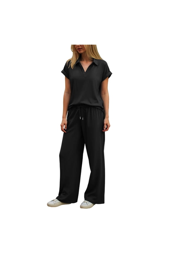Womens 2 Piece Summer Outfit Lounge Set Cap Sleeve Polo Top And Pant Set Tracksuit Travel Matching Outfit 2025 (Black, S)