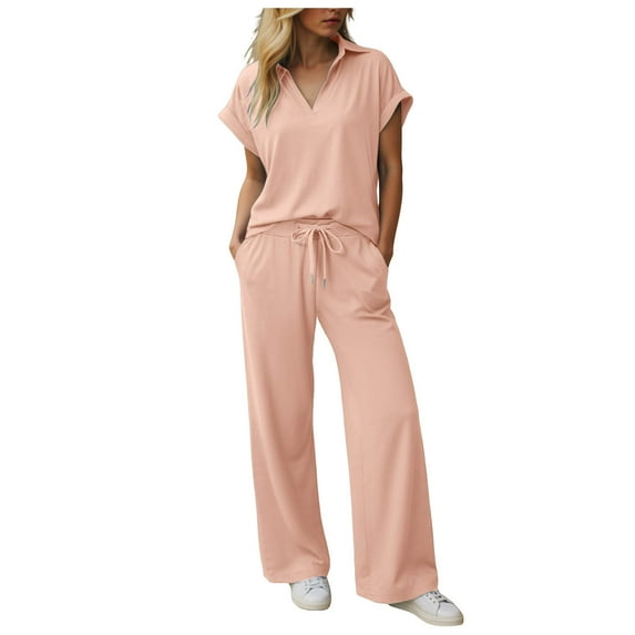 GEWSEY Womens 2 Piece Summer Outfit Lounge Set Cap Sleeve Polo Top And Pant Set Tracksuit Travel Matching Outfit 2025 (Red, L)