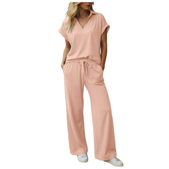 GEWSEY Womens 2 Piece Summer Outfit Lounge Set Cap Sleeve Polo Top And Pant Set Tracksuit Travel Matching Outfit 2025 (Red, L)