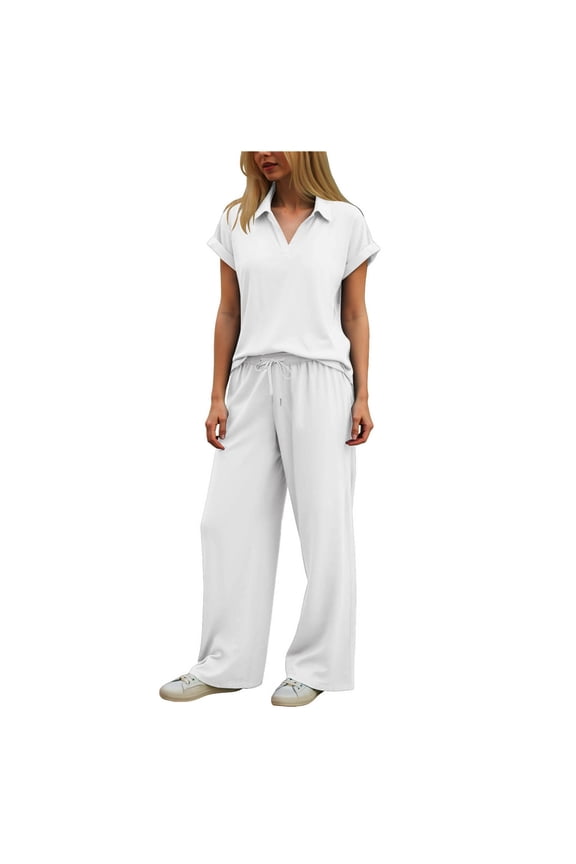 Womens 2 Piece Summer Outfit Lounge Set Cap Sleeve Polo Top And Pant Set Tracksuit Travel Matching Outfit 2026 (White, S)