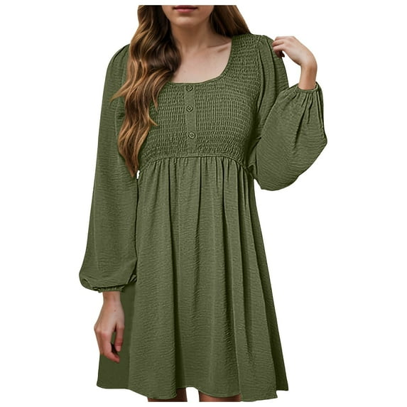 GEWSEY Womens 2025 Casual Dress Smocked Crewneck Button Up Long Sleeve Empire Waist A-Line Mini Dress Army Green, XL