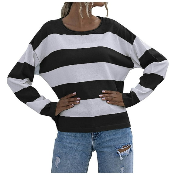 GEWSEY Womens 2025 Fall Striped Sweaters Long Sleeve Crew Neck Shirts Ribbed Knit Color Block Lightweight Pullover Sweater Top (Black, L)