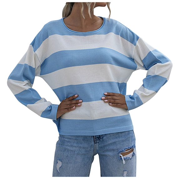 GEWSEY Womens 2025 Fall Striped Sweaters Long Sleeve Crew Neck Shirts Ribbed Knit Color Block Lightweight Pullover Sweater Top (Blue, S)