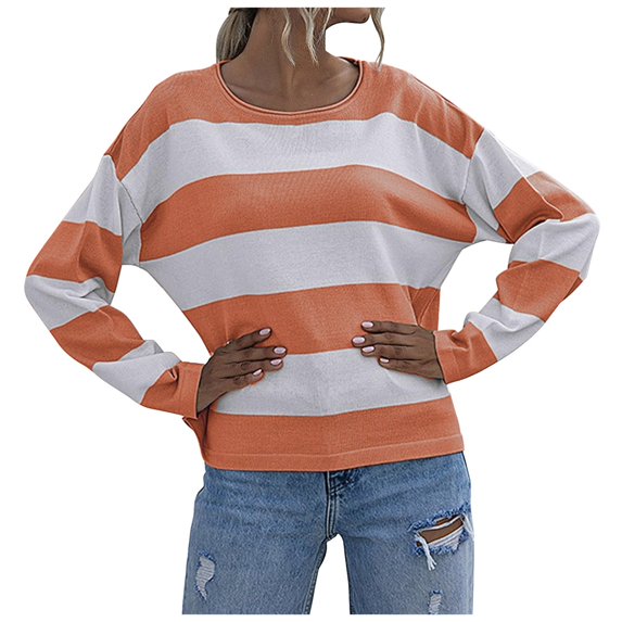 GEWSEY Womens 2025 Fall Striped Sweaters Long Sleeve Crew Neck Shirts Ribbed Knit Color Block Lightweight Pullover Sweater Top (Red, L)