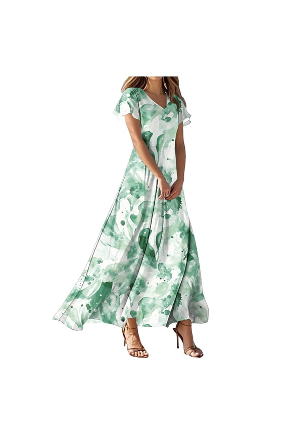 Womens 2025 Long Summer Dress Short Flutter Sleeve V Neck Casual Smocked Tiered Modest Floral Boho Maxi Dress (Green, XL)