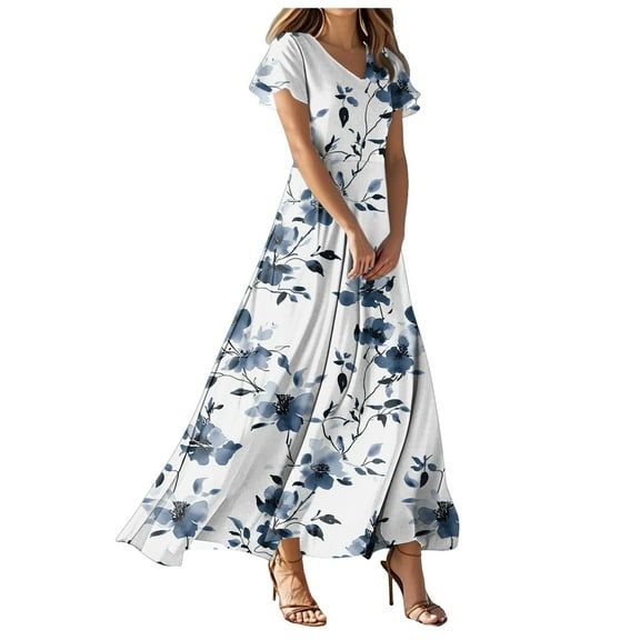 GEWSEY Womens 2025 Long Summer Dress Short Flutter Sleeve V Neck Casual Smocked Tiered Modest Floral Boho Maxi Dress (Navy, XL)