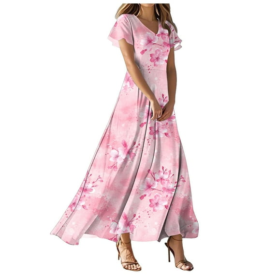 GEWSEY Womens 2025 Long Summer Dress Short Flutter Sleeve V Neck Casual Smocked Tiered Modest Floral Boho Maxi Dress (Pink, L)
