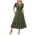 thumbnail image 1 of GEWSEY Womens 2025 Summer Maxi Dress Short Sleeve V Neck Hollow Out Eyelet A Line Long Flowy Beach Vacation Dresses (Army Green, S), 1 of 7