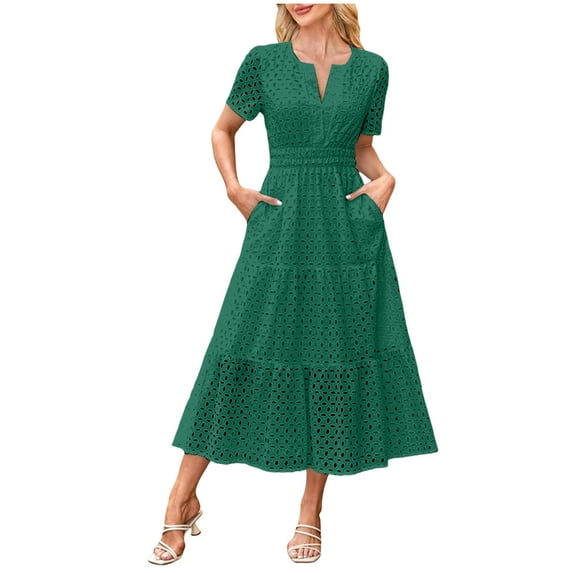 GEWSEY Womens 2025 Summer Maxi Dress Short Sleeve V Neck Hollow Out Eyelet A Line Long Flowy Beach Vacation Dresses (Green, XL)