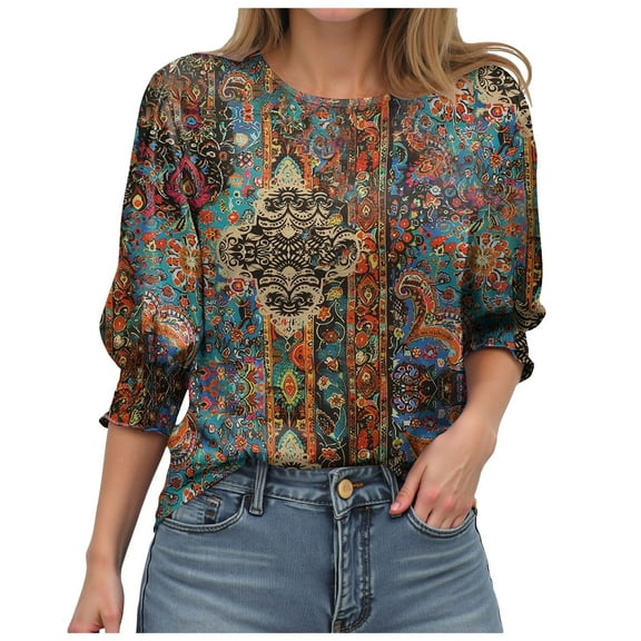 GEWSEY Womens 3/4 Length Sleeve Tops Crewneck Casual Plus Size Fall Shirts Loose Fit Three Quarter Sleeve Blouses (Brown, S)