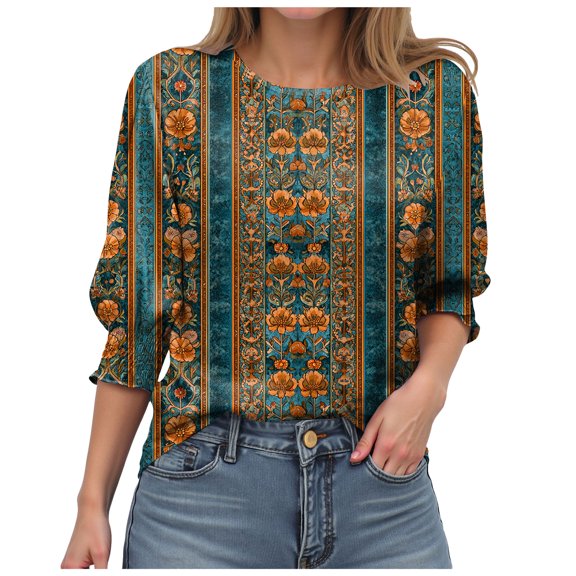 GEWSEY Womens 3/4 Length Sleeve Tops Crewneck Casual Plus Size Fall Shirts Loose Fit Three Quarter Sleeve Blouses (Yellow, M)