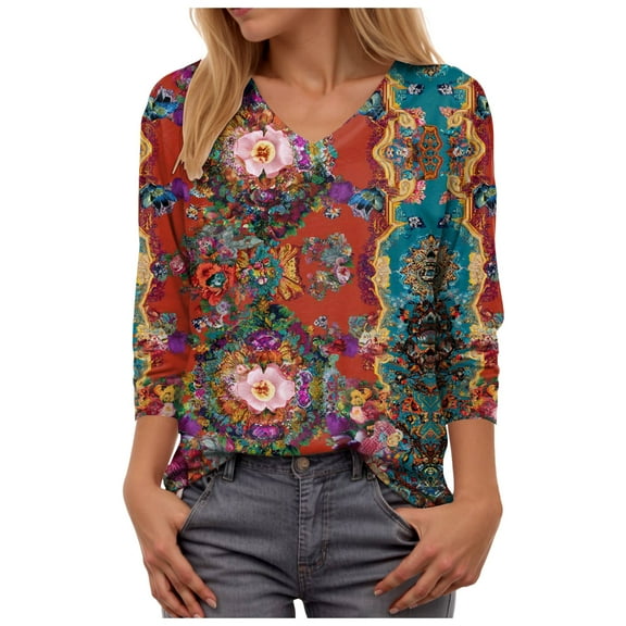 GEWSEY Womens 3/4 Length Sleeve Tunic Tops Casual V Neck Shirts Basic Tees Business Work Blouses Summer Fall 2025 Clothes (Red, S)