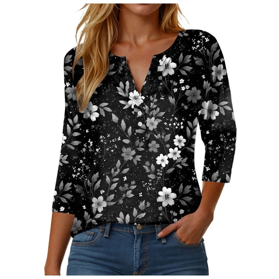 GEWSEY Womens 3/4 Sleeve Tops Summer Henley V-Neck Tshirts Casual Pleated Blouse Dressy Loose Floral Basic Tee (Black, S)