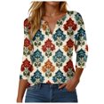 thumbnail image 1 of GEWSEY Womens 3/4 Sleeve Tops Summer Henley V-Neck Tshirts Casual Pleated Blouse Dressy Loose Floral Basic Tee (Khaki, L), 1 of 5