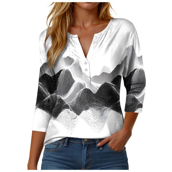 GEWSEY Womens 3/4 Sleeve Tops Summer Henley V-Neck Tshirts Casual Pleated Blouse Dressy Loose Floral Basic Tee (White, M)