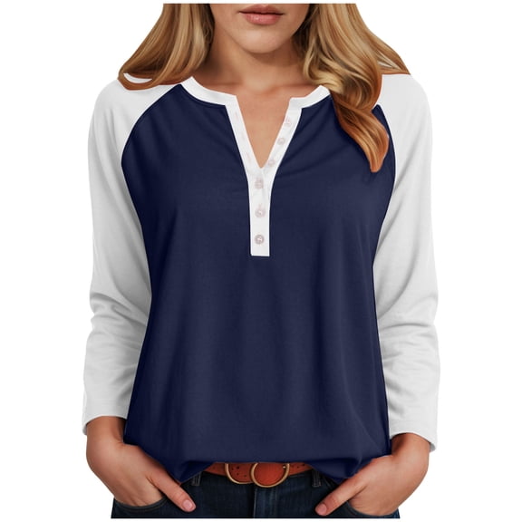 GEWSEY Womens 3/4 Sleeve Tops and Blouses Color Block Button V Neck T Shirts Loose Fit Three Quarter Sleeve Tops Woman (Navy, S)