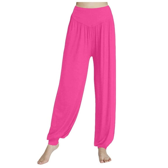GEWSEY Womens Baggy Wide Leg Pants Casual Elastic Waisted Palazzo Harem Pants with Pockets (Hot Pink, M)