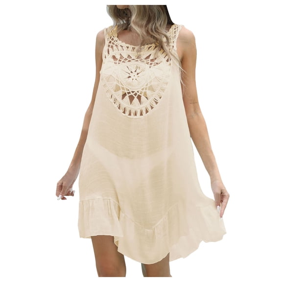 GEWSEY Womens Bathing Suit Cover Ups Bikini Swimsuit Summer Crochet Hollow Knit Swimsuit Beach Dress Vacation Outfits (Beige, One Size)