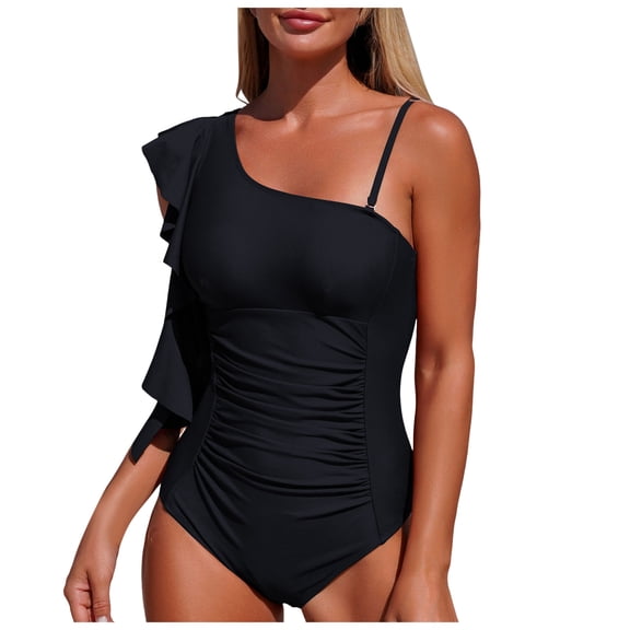 GEWSEY Womens Bathing Suits Tummy Control Backless Spaghetti Strap Swimsuit for Women Summer Beach Sexy Slimming Swimwear (Black, L)