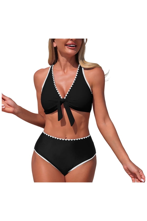Womens Bikini Sets High Waisted Swimsuit Halter V Neck Shell Stitched Two Piece Bathing Suits (Black, L)