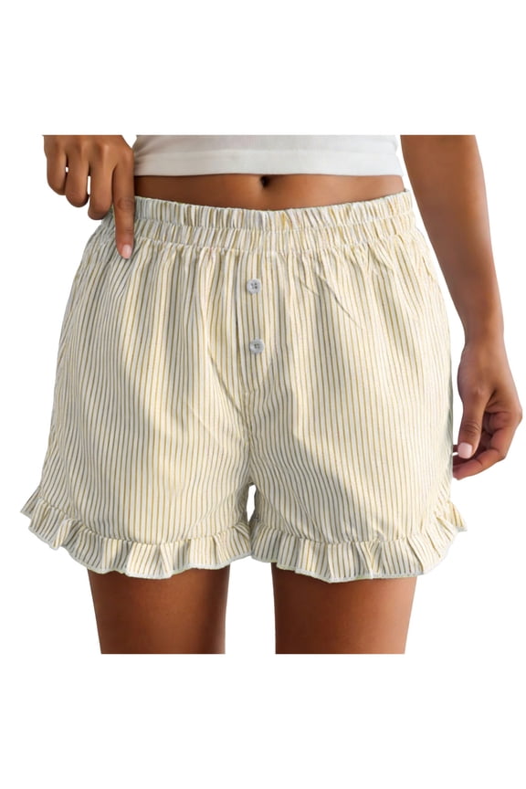 Womens Boxer Shorts Y2K Ruffle Pajama 2026 Summer Spring Lounge Sleep Striped Casual Beach Pj Bottoms Pockets (Yellow, M)