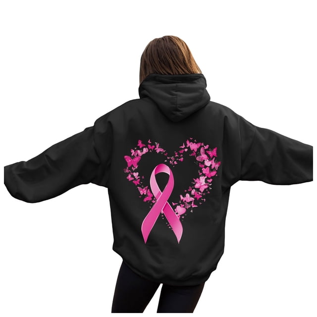 GEWSEY Womens Cancer Awareness Hoodies Ribbon Graphic Fall Winter Fleece Oversized Sweatshirt With Pocket (Black, XXL)