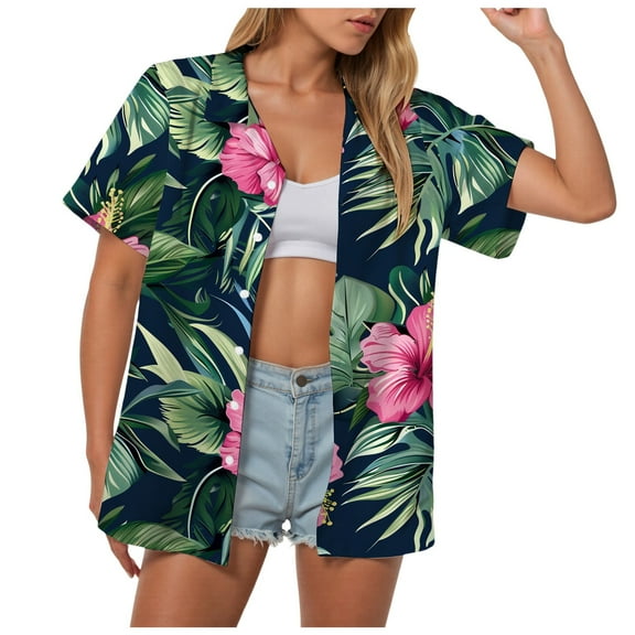 GEWSEY Womens Button Down Hawaiian Shirts Short Sleeve Floral Print Summer V Neck T-Shirt Casual Summer Beach Blouses Tops (Dark Green, XXL)
