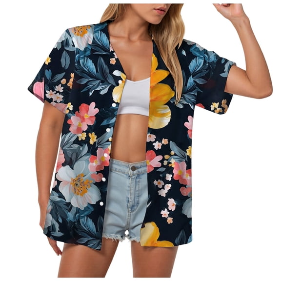 GEWSEY Womens Button Down Hawaiian Shirts Short Sleeve Floral Print Summer V Neck T-Shirt Casual Summer Beach Blouses Tops (Navy, XXL)