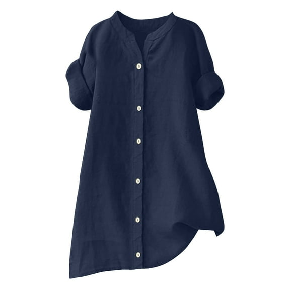 GEWSEY Womens Button Down Shirt Linen Button Up Shirts for Women Long Sleeve Summer Shirt Collared Blouse Linen Tops (Navy, M)