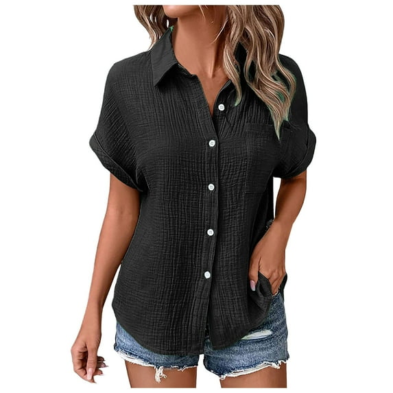 GEWSEY Womens Button Down Shirts 3/4 Sleeve Dress Blouses Business Casual Collared Oxford Tops (Black, L)
