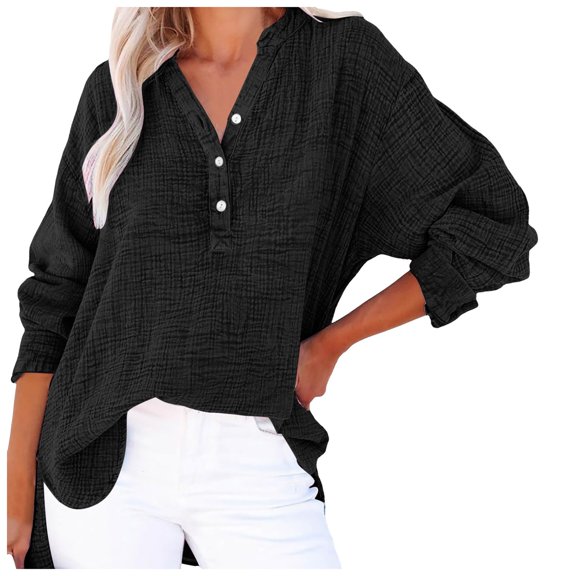 GEWSEY Womens Button Down Shirts Cotton Roll-up Long Sleeve Blouses Top with Pockets V Neck Casual Solid Tunics (Black, S)