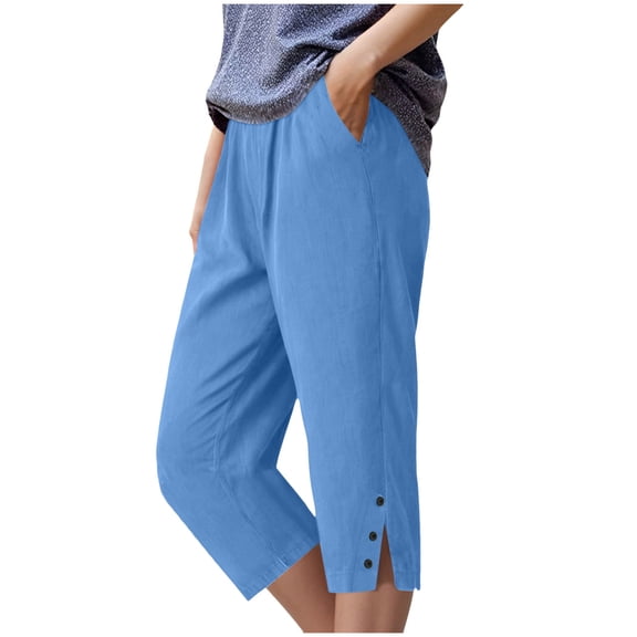 GEWSEY Womens Capri Pants Loose High Waisted Wide Leg Lounge Pants Drawstring Casual Palazzo Trousers with Pockets (Blue, S)